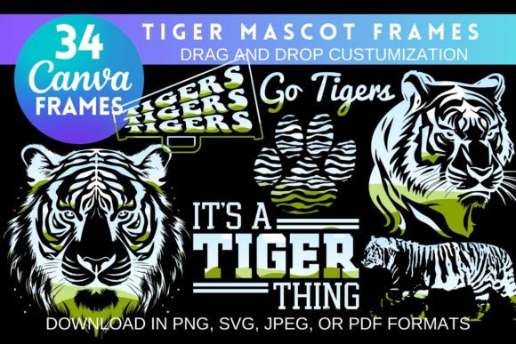 Tiger Mascot Canva Frame Bundle: Bold Graphics for Instant Impact